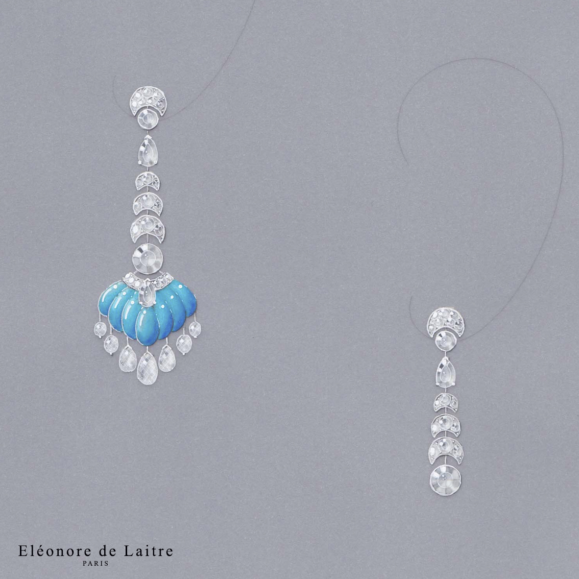 Eléonore de Laitre - Création gouachée - MO Clair de Lune - Diamants, turquoise, or blanc.