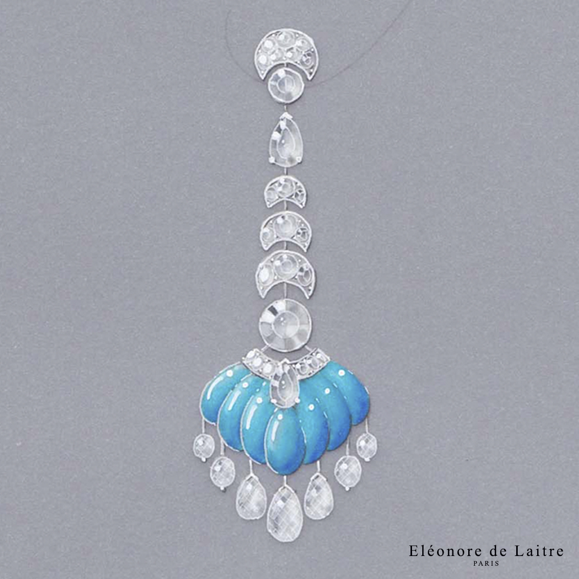 Eléonore de Laitre - Création gouachée - MO Clair de Lune - Diamants, turquoise, or blanc.