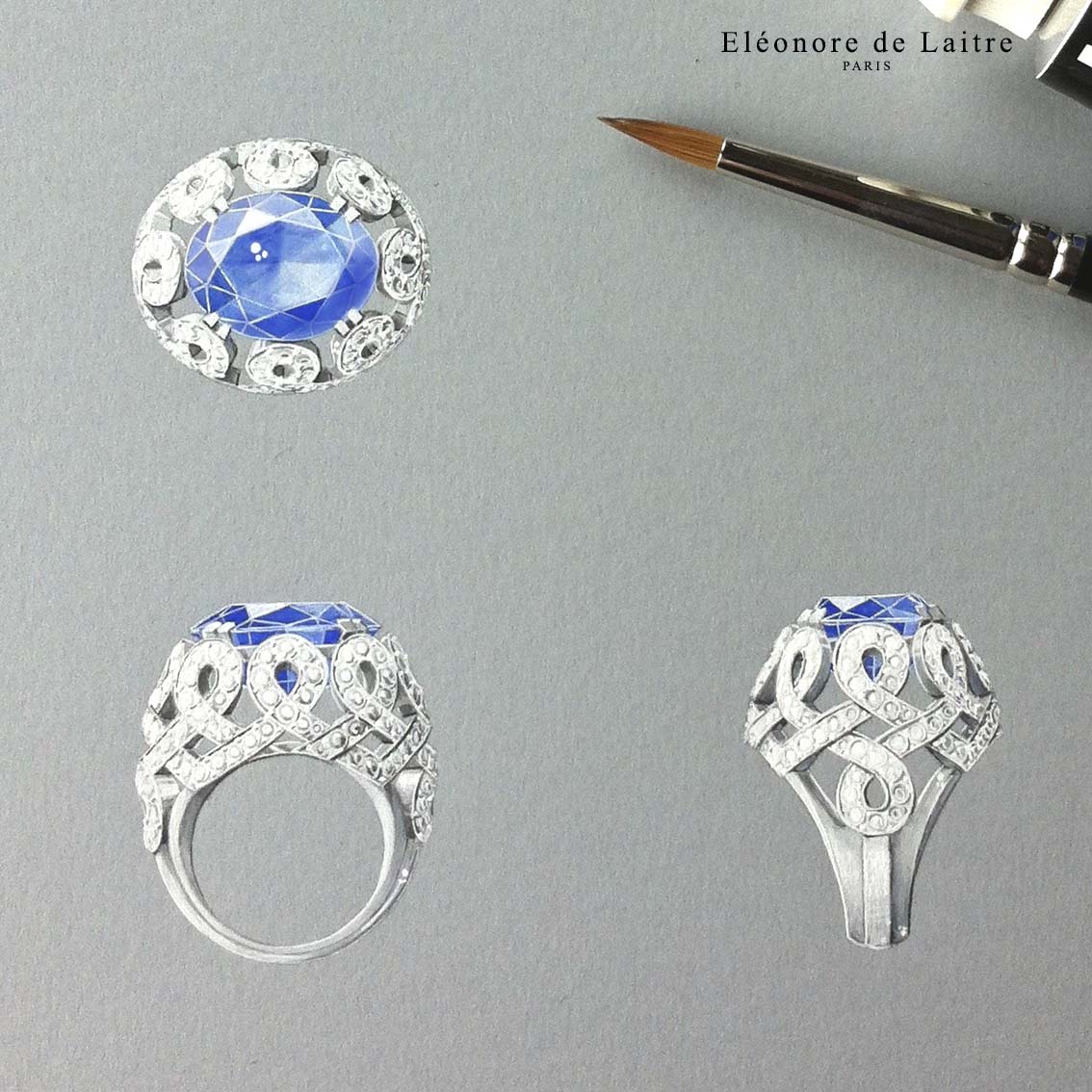 Eléonore de Laitre - Bague "Infini" - gouache - Saphir, diamants, or blanc.