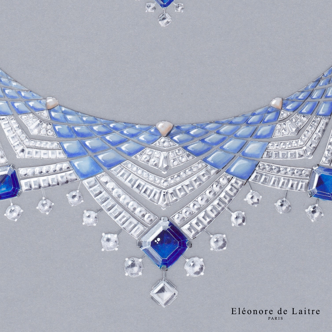 Collier - gouache - saphirs, diamants, calcédoine, corail, or gris