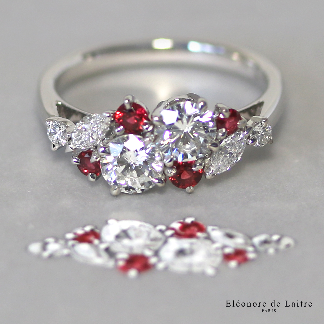 Bague sur-mesure, diamants, spinelles rouges, or blanc